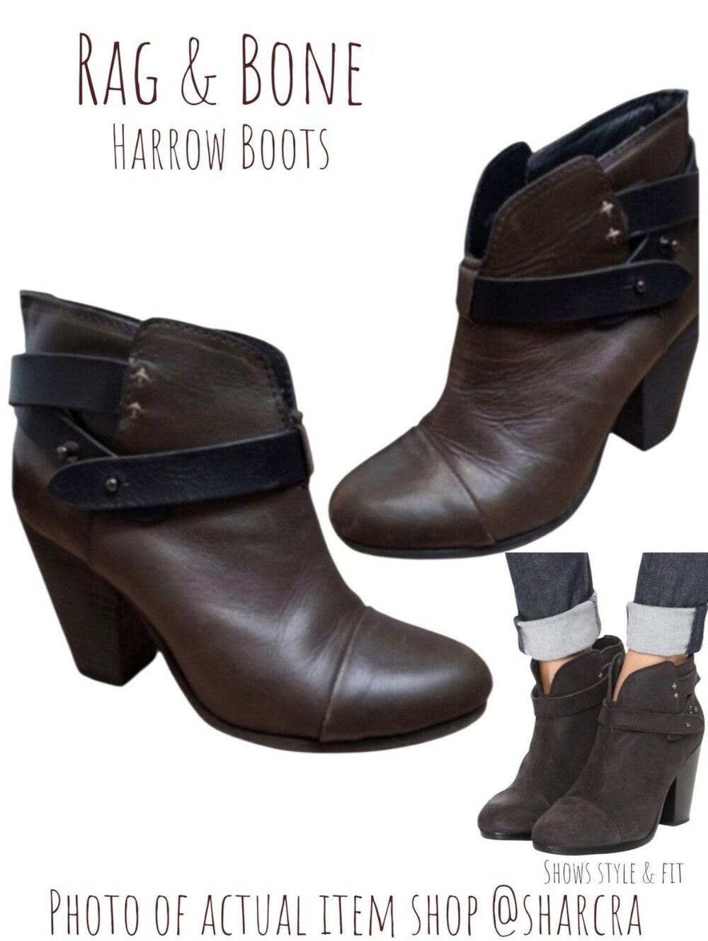 Rag & Bone Women Harrow Boots brown black stud strap leather heel ankle boots 7